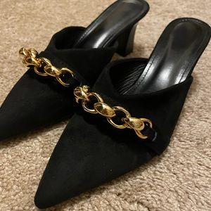 NEW! Black Suede Mule Heels with Gold Chain Detail